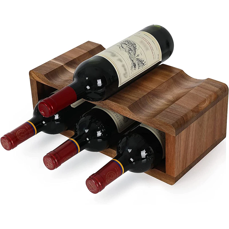 Acacia Wood Solid Wood 6 Bottle Modern Wine Rack Countertop Storage Display Holder for Home Kitchen Bar