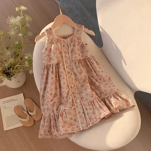 Wholesale OEM 2026 Summer Girls Vintage Lace Dress Korean Floral Sleeveless
