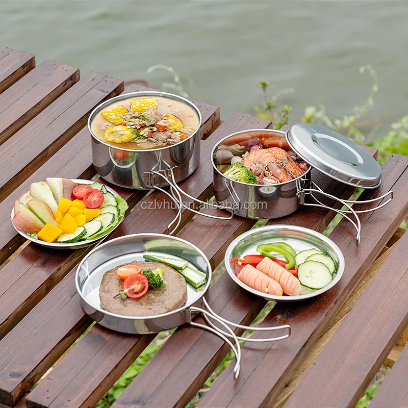 Outdoor Stainless Steel Camping Cookware Set 8 Pcs Portable Collapsible