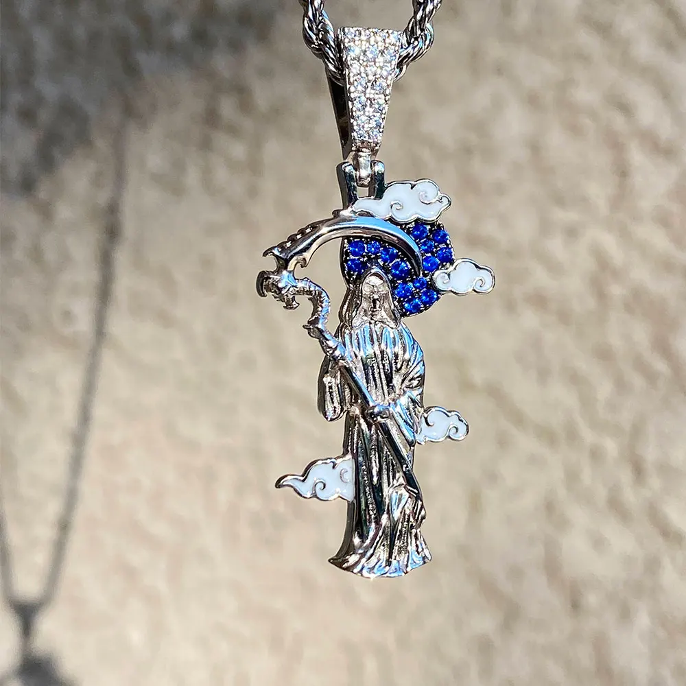 newest original design blue cz Grim Reaper Santa Muerte Iced Out Diamond Pendant