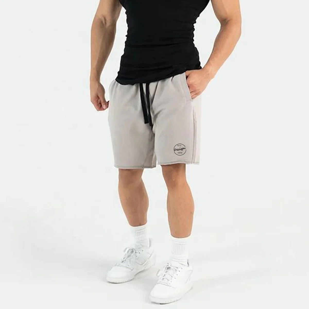 JL1121A Drawstring Vintage Cotton Sweat Shorts Plain French Terry Shorts Mens Washed Sports Raw Edgs Distressed Shorts