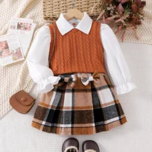 Girls' 3-Piece Spring-Autumn School-Style Set Long-Sleeved Blouse Solid Pattern Plaid Skirt New Fashion Sweater Vest