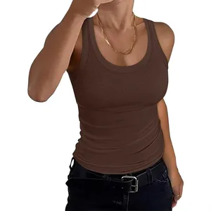 Spring and Summer Women's Low Round Neck Ribbed Casual Sleeveless Elastic Slim Fit T-shirt