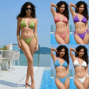 Custom Sexy Beachwear New Design Pink Ribbing Mini Bikini High Cut Plus Size String Bra Swimsuit Fashionable Two-Piece Swim