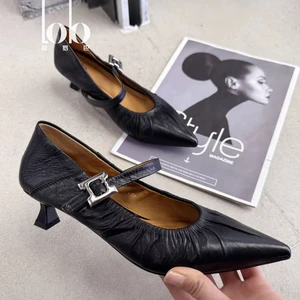 Women's Luxury Genuine Leather Ballet Shoes Mary Jane Pumps Kitten Heel Pointed Toe Breathable Anti-Slippery Evergreen Office