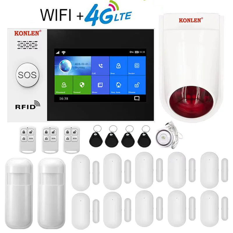 KONLEN 4G Smart Home Alarm System 4.3inch WiFi Tuya Security Wireless Burglar Alarm 100 Sensors Google Home/Alexa Compatible