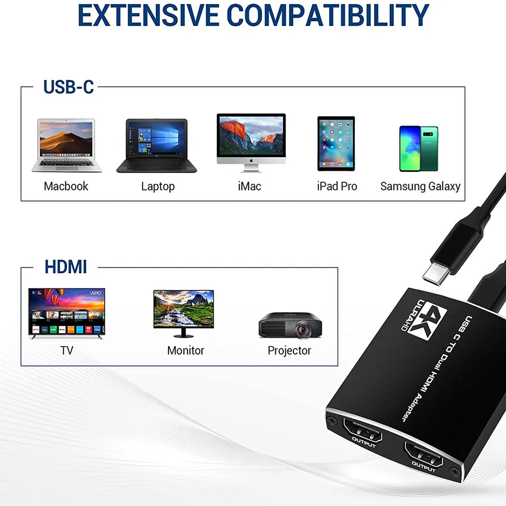 USB C to Dual for HDMI Displays Adapter 4K 60hz USB 3.1 Type C to 2 Port for HDMI Converter with PD & 3.5mm Audio Digital AV Acc