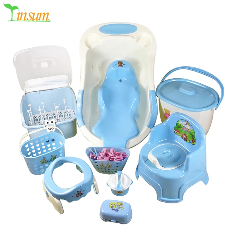 Baby bath tub 7pcs set supplies multi-layer storage cabinet plastic with bottle drying rack bucket basket