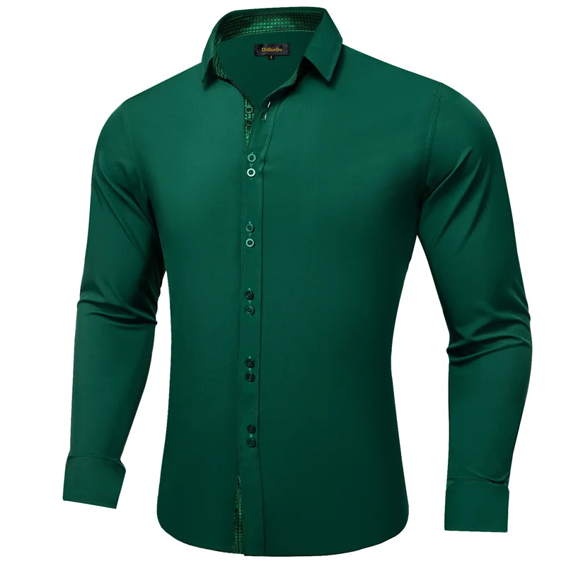 New Dress Shirt for Men Solid Sea Green Splicing  Long Sleeve Shirt Business Formal  Slim Fit Social Shirts Male Clothes