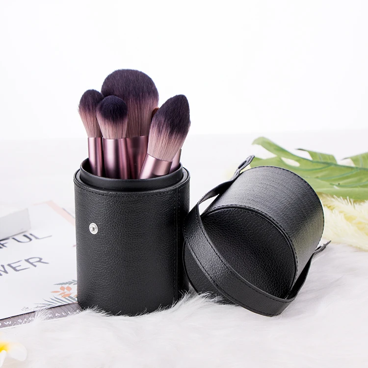 Hot Selling Portable Beauty Makeup Tool Accessories Black PU Leather Brush  Holder Cosmetic Bag Cylinder