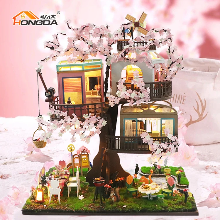Hongda 1/24 Handmade L2221 Sakura Tree House Wooden Diy Miniature Dollhouse  for Girlsfurniture for Doll House