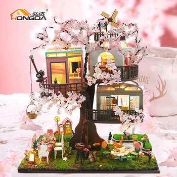 Hongda1/24手作りL2221さくらツリーハウス木製DIYミニチュアドール