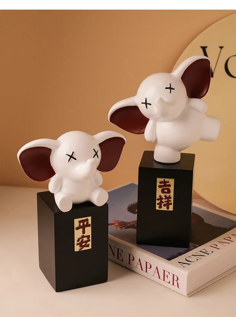 Two Cute Elephant Figurines Good Luck Symbols Modern Minimalist Home Decor Living Room Entryway Tabletop Ornament Set