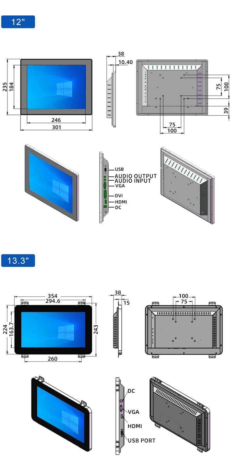 21.5 Inch Industrial Lcd Monitor Touch Screen VESA Embedded Pure Flat Wall Mounted Metal Aluminum Casing Display Touchscreen