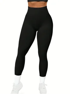 Black Full Length High Waist  Yoga Pants with Butt Enhancing Function Solid Pattern Yoga Pants for YOGO Sports