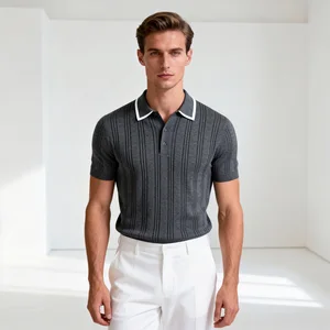 OEM ODM Tailored Fit Knit Polo Shirts Button-Down Collar Short Sleeve Business Casual Solid Ribbed Jersey Cotton Polo Outfit Set