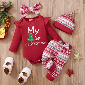 Hot Style Baby First Christmas Set Thermal Striped Santa Romper Pant Hat Woven Fabric for Autumn Season