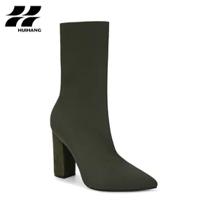 Chic Women's Solid Pattern Comfortable Lightweight Block Heel Sock Ankle Boots for Winter Casual & Party Wear Pointed-Toe Design