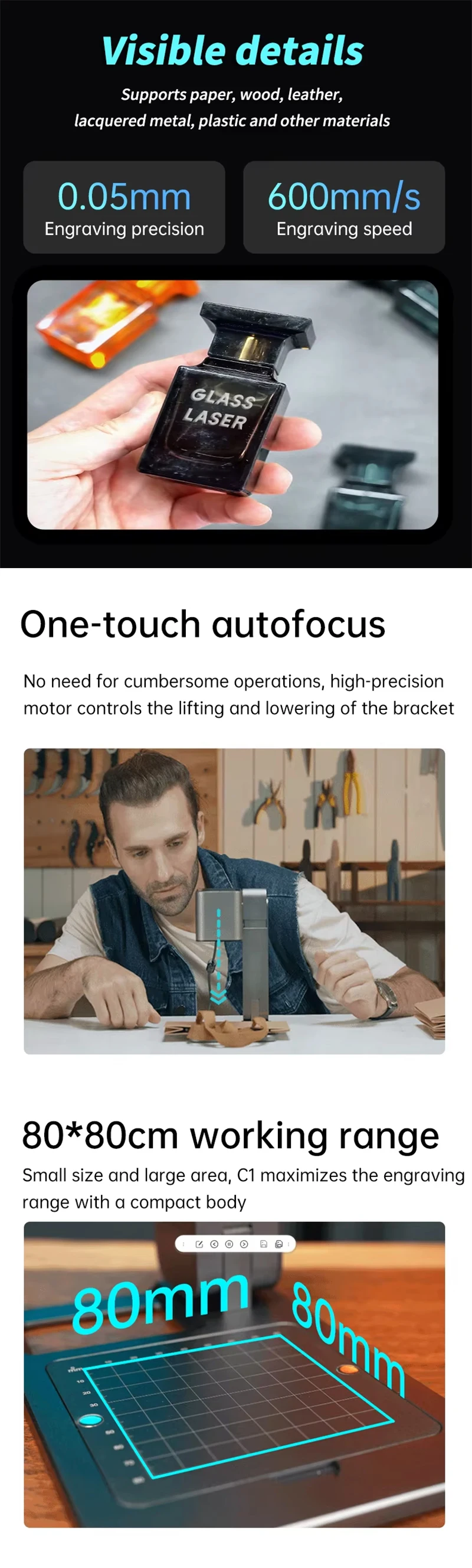 MR.CARVE C1 Mini 5W Diode Marking Machine Hot Selling 80*80mm Continuous Wave Stand for Wood Plastic Leather Auto Focus Leaf