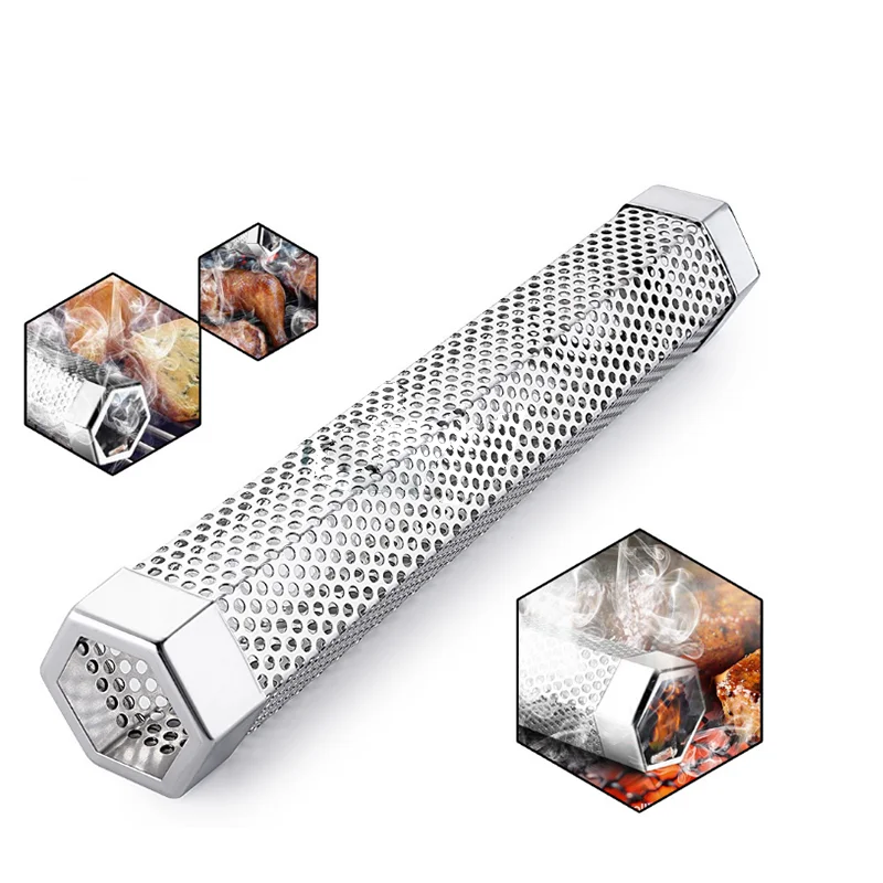 Stainless Steel BBQ Grill Smoker  Outdoor Camping Hexagon Mesh Smoking Tube Smokers Barbecue Accessories Entertaining Tools