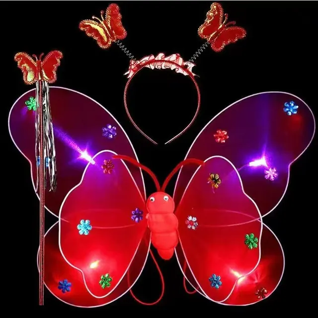 Children's Gift Glowing Butterfly Wings Wand Head and Short Skirt Girl Fairy Costume Tulle LED Sparkling Butterfly Costume Set