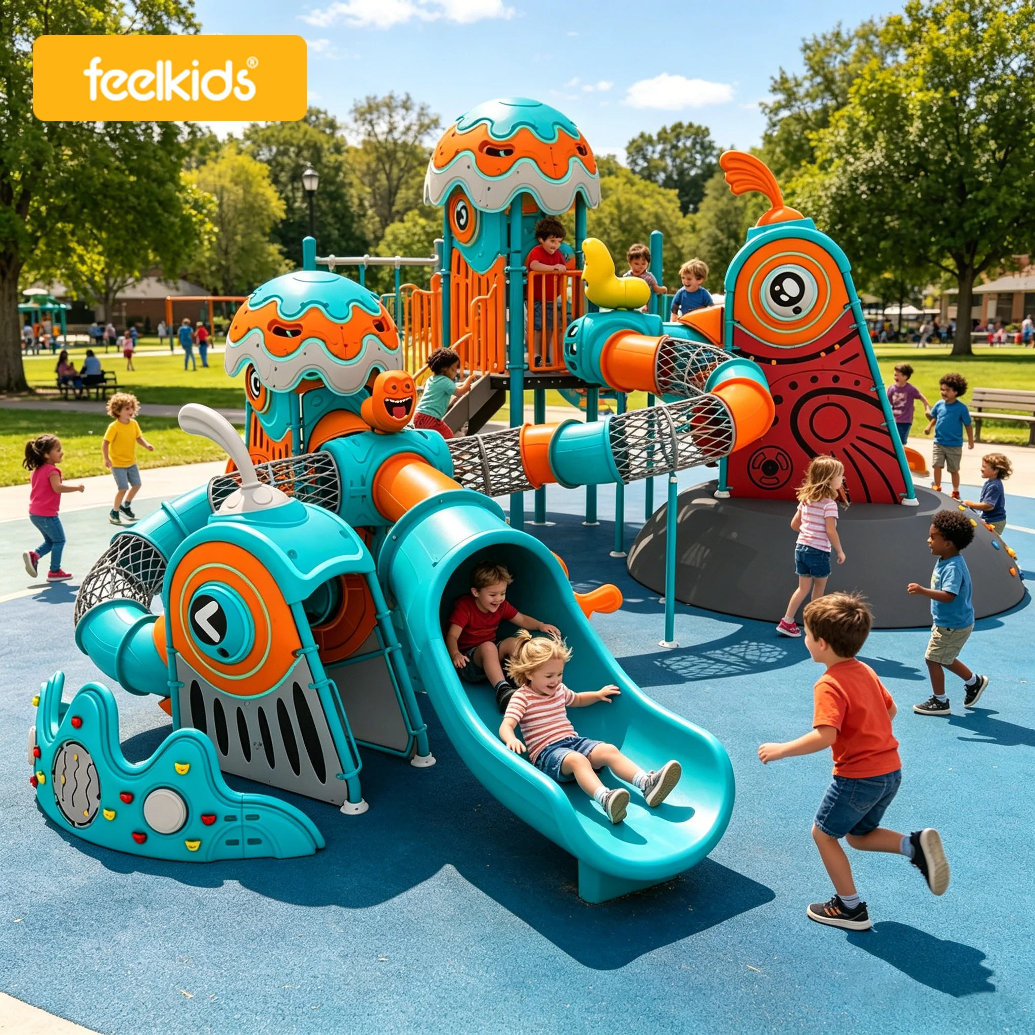 Feelkids Children's Plastic & Metal Kids Slide Outdoor Playground Amusement Equipment Large Park Factory Custom Design