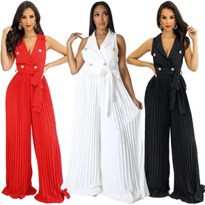 10037 Spring Summer 2024 V-Neck Sleeveless Backless Style Street Pleated Wide Leg Jumpsuit Lady Sexy Office One Piece Romper