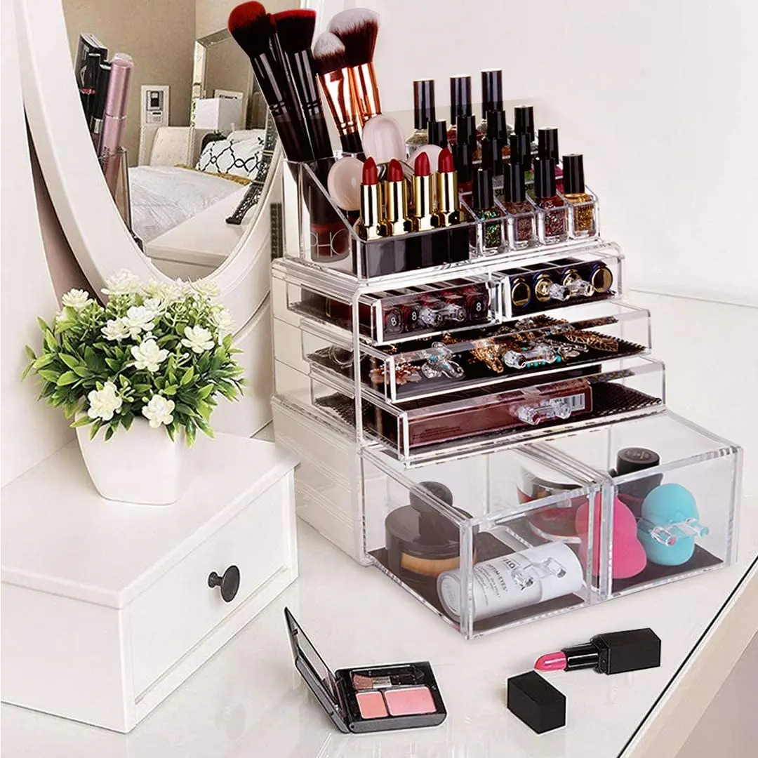 Cosmetic Organizer Acrylic Makeup Organizer Jewelry Box Organizer 3 Pieces Set with 6 Drawers Lipstick Holder Stackable Desktop
