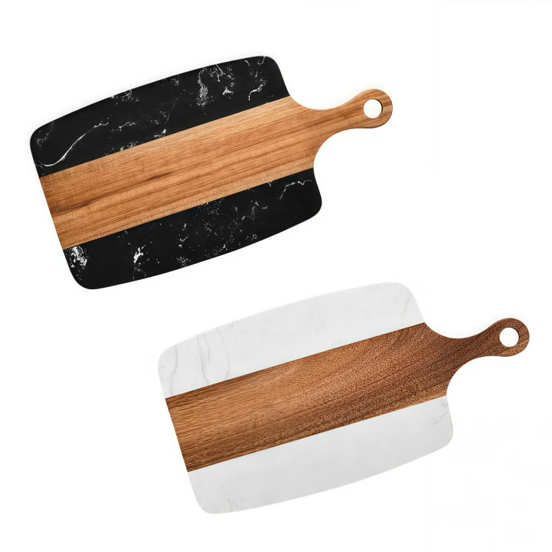 Creative Chopping Block Dual-Sided Wood & Marble Splicing Cutting Board for Steak Fruit Cheese Bread Serving Tray