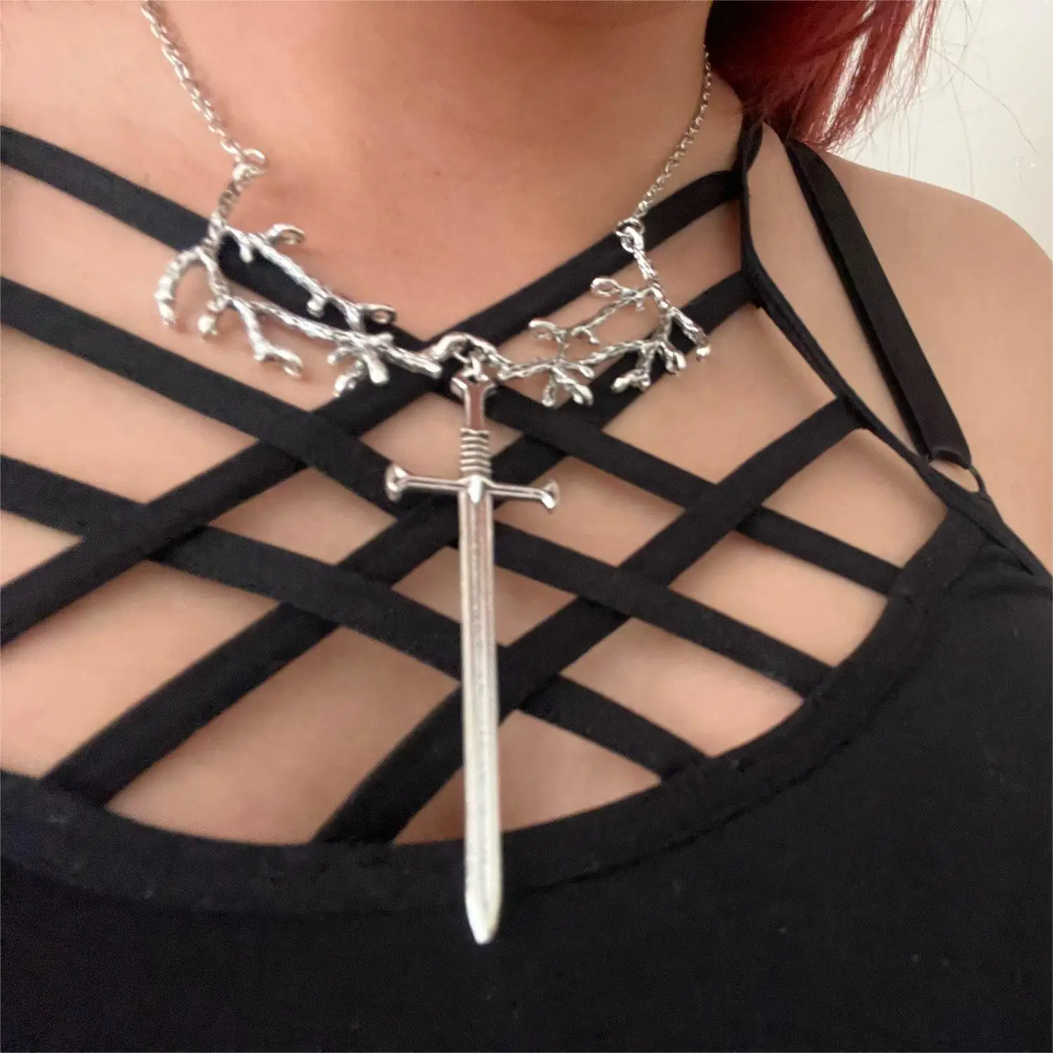 Viking Necklace Chain with Twig Sword Pendant - Gothic Jewelry