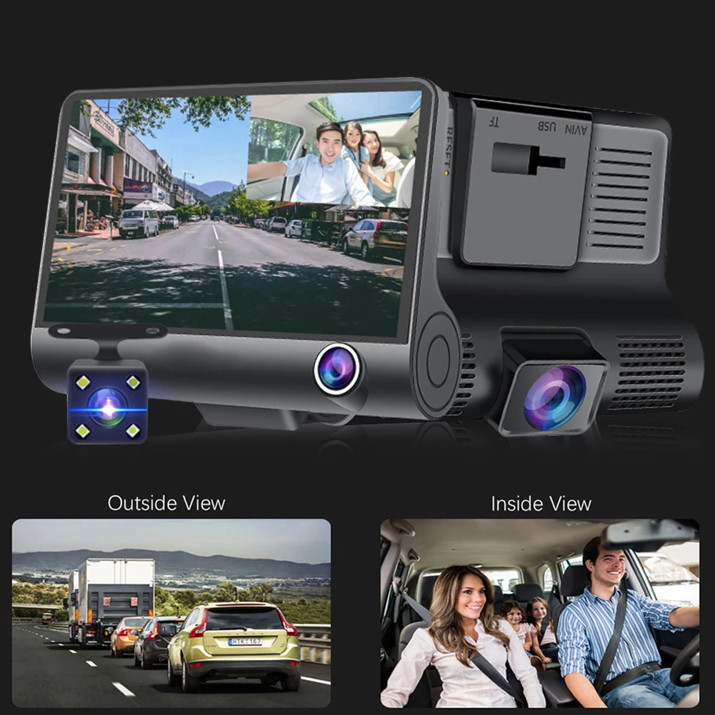 3 Lens Dash Cam 4 Inch Touch Screen With Rear Car Camera Recorder Night Vision Loop Recording G