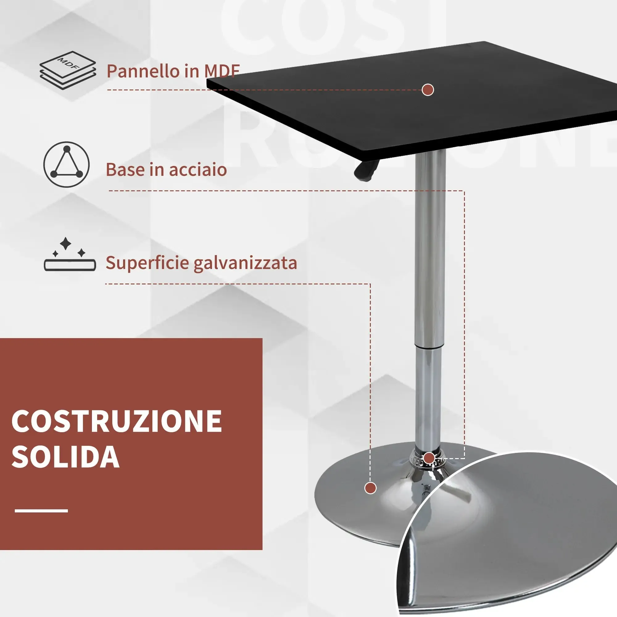 HOMCOM Height Adjustable Square Table, Metal and MDF, Bar Table, Kitchen, Living Room, Black, 60x60x69-93cm