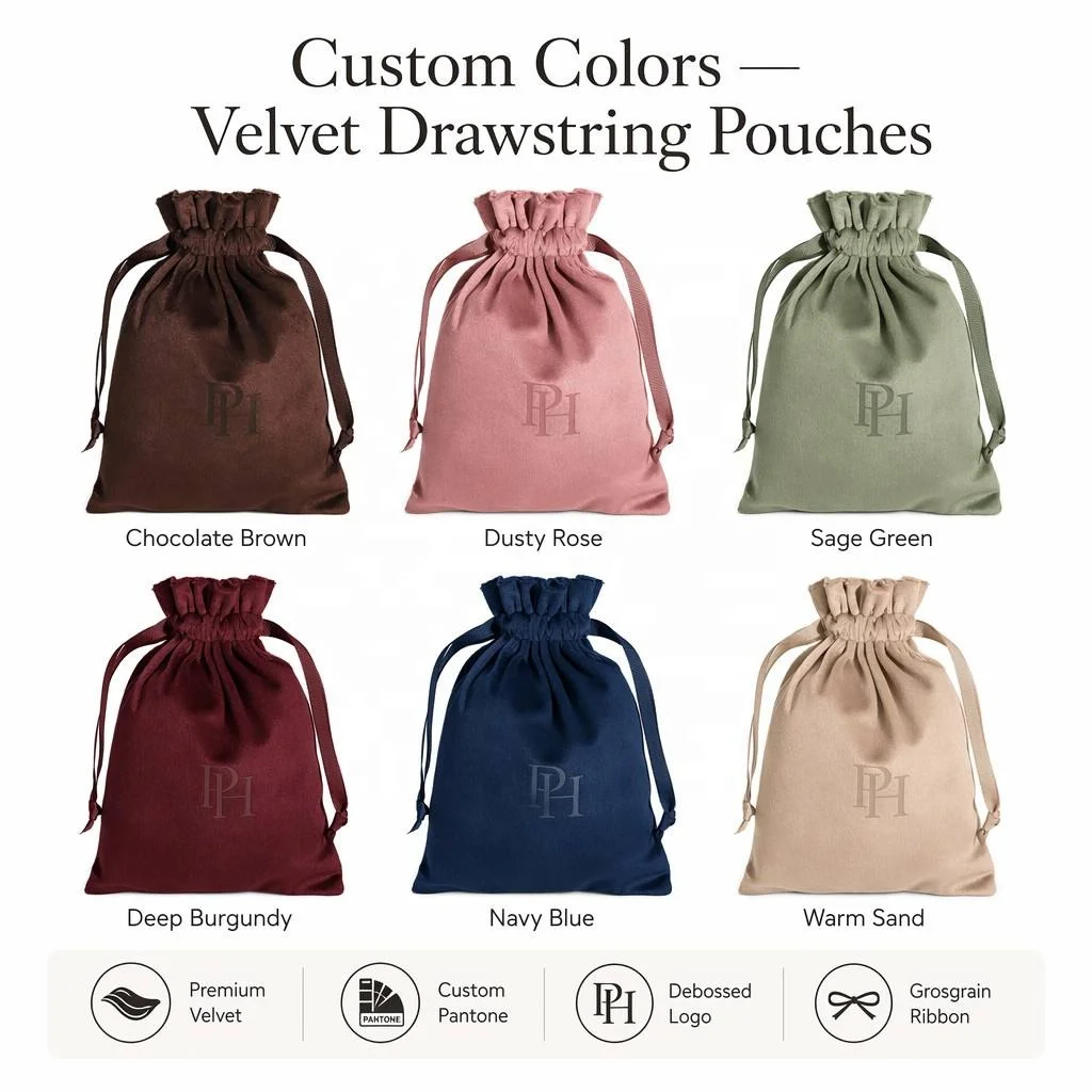Luxury Velvet Drawstring Jewelry Pouch Bag Custom Embossed Logo Gift Packaging with Ribbon Cosmetic Skincare Storage detail