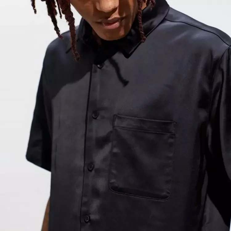 JL121R Men’s Polo Manufacturers Black Streetwear Short Sleeve Button up Casual Silk Satin Man Solid Color Shirt