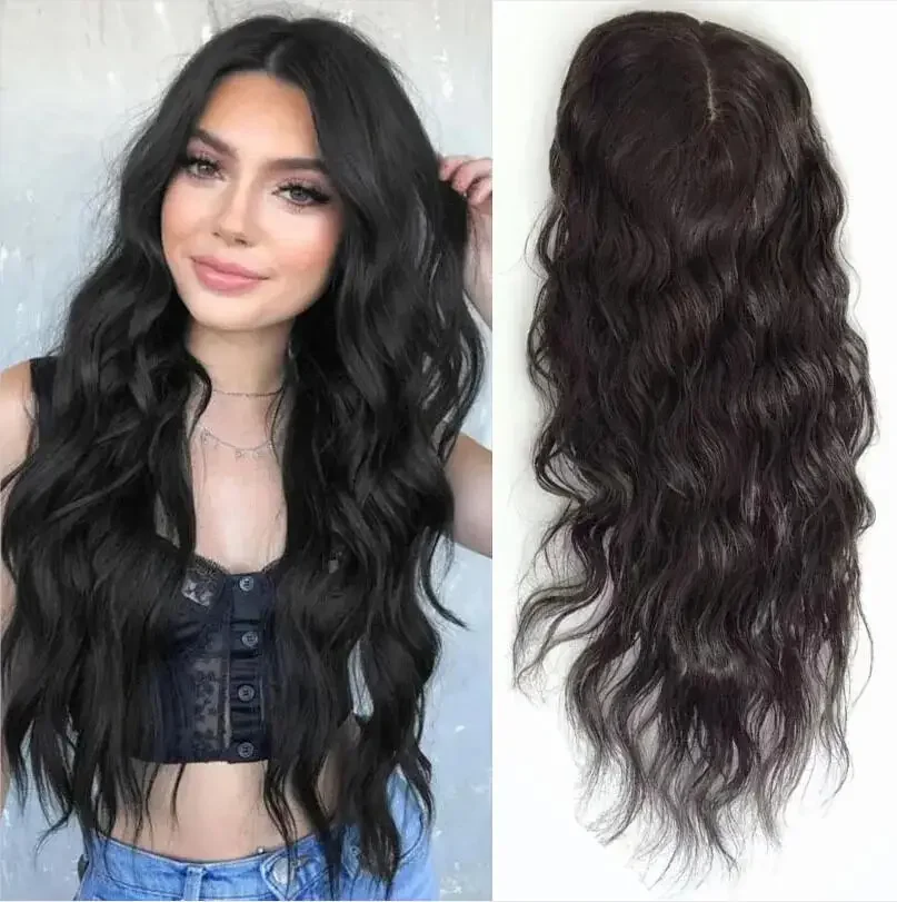 Topper per capelli umani vergini brasiliani con base in seta ondulata per donne con 4 clip Water Wave_voghion.com