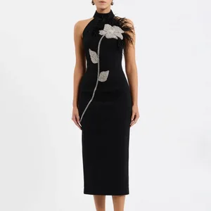 2025 New Flower Inlaid Diamond Feather Bandage Dress Sexy Backless Sleeveless Gown Midi Dress
