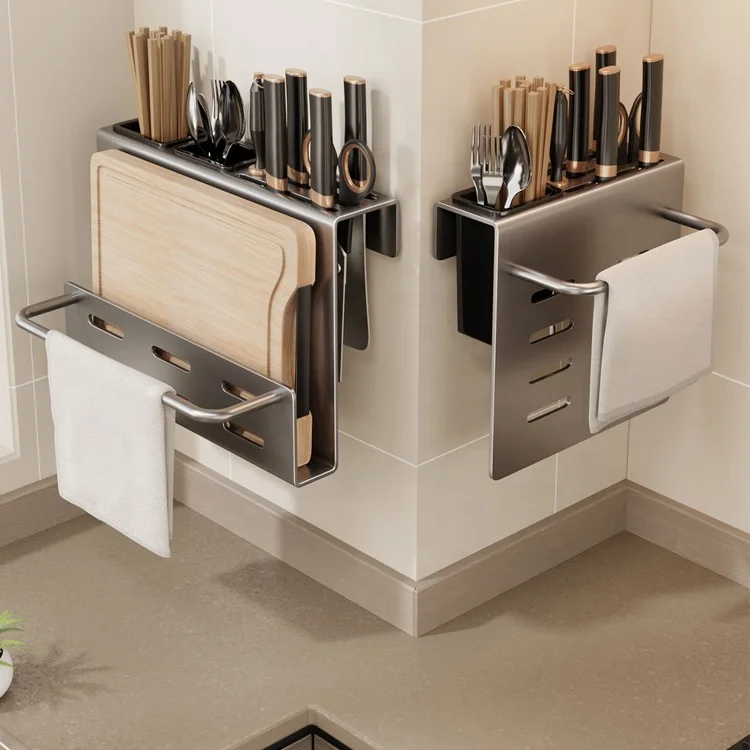 Wall Mounted Knife Holder Stainless Steel Shelf Kitchen Nail-free ...
