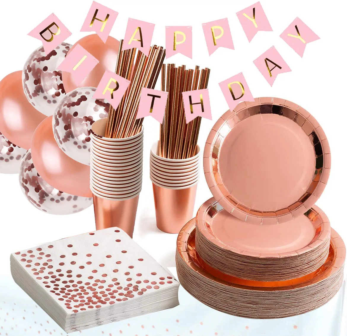 Disposable Tableware Plates Happy Birthday Banner Rose Gold Party Plates Set  for Happy Birthday Party Decoration Supplies