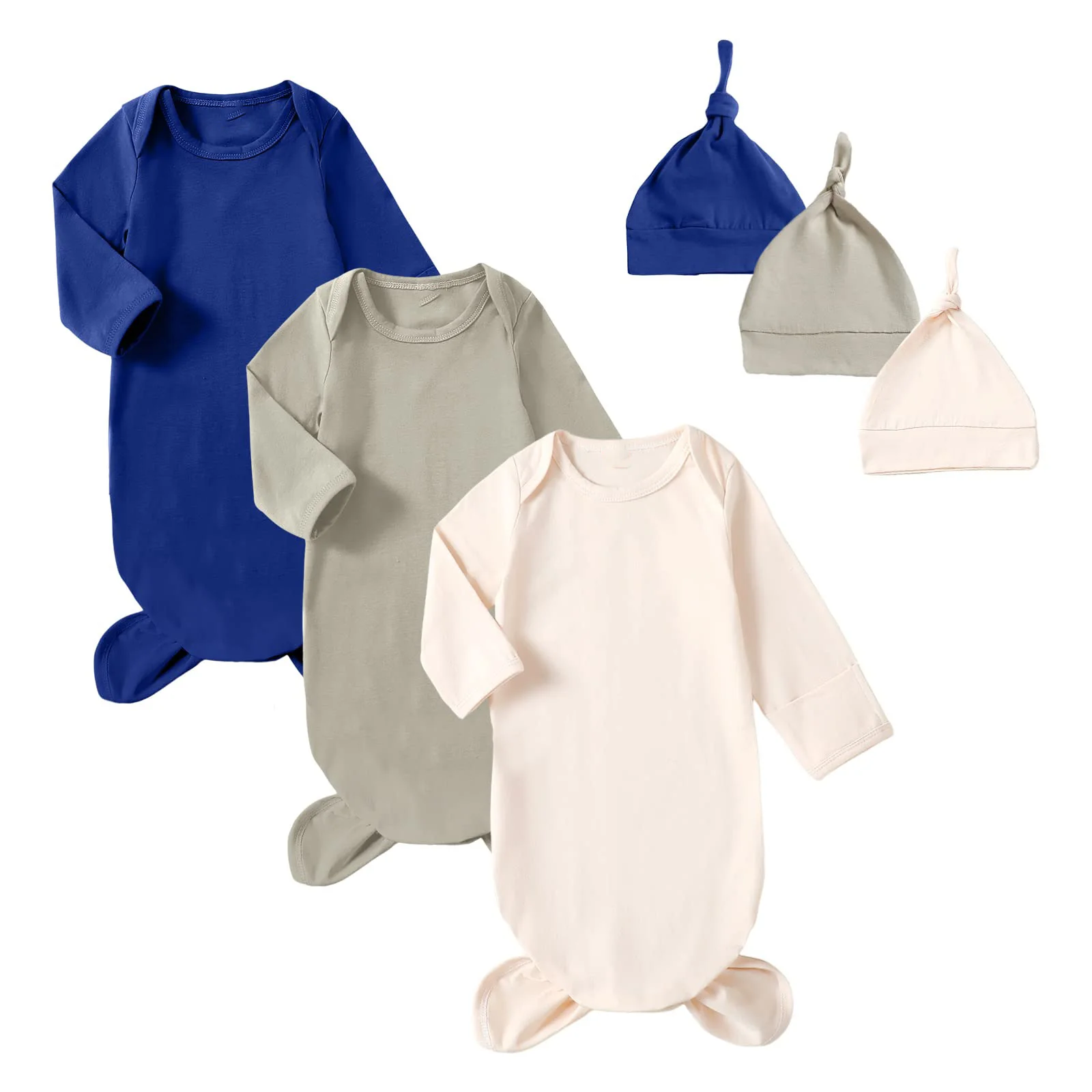 Newborn Baby Knotted Gowns With Mitten Cuffs And Hat Baby Sleeper Gowns