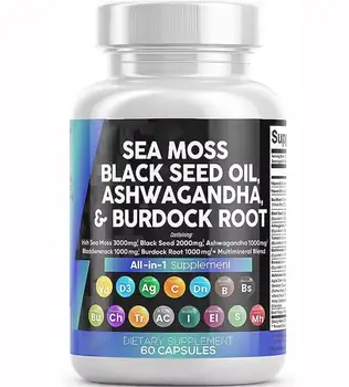 Sea Moss Capsules 16-in-1 Supplements Black Seed Oil Ashwagandha Turmeric Bladderwrack Burdock Complex Seamoss Capsule