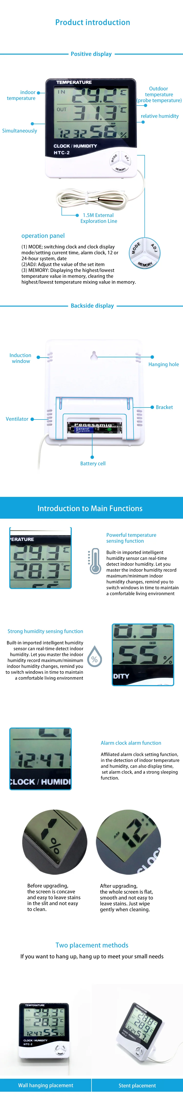 3 in 1 digital  indoor and outdoor temperature and humidity meter HTC-2