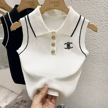 Polo Collar Tank Top for Women Knitted Cropped Top Sleeveless Going Out Tops