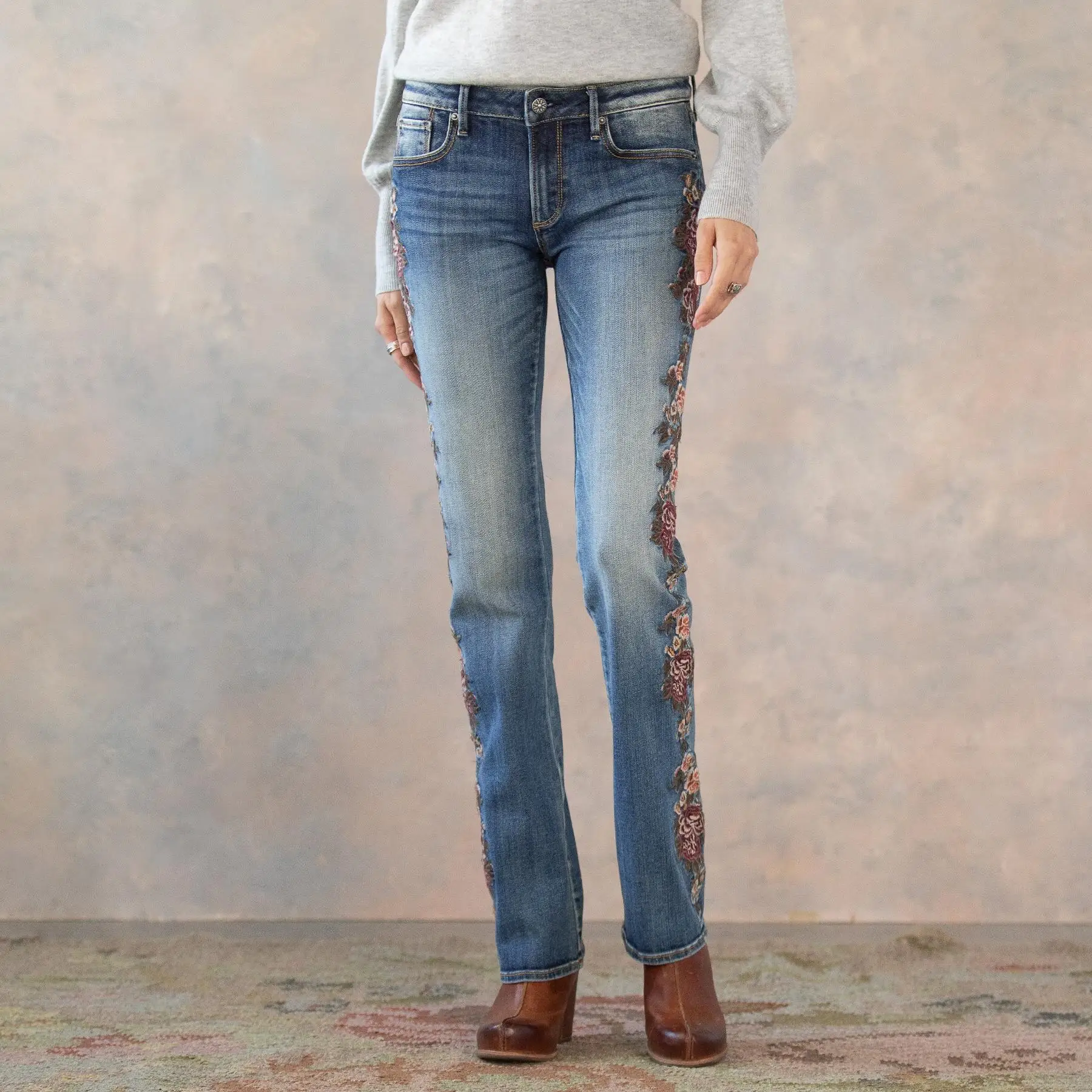 Roses Embroidery Vintage,Boot Cut Jeans 