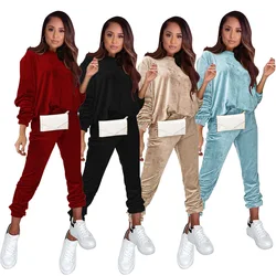 Solid gold velvet round neck long-sleeved trousers lounge wear jogger set women two piece set fall 2021 women clothes