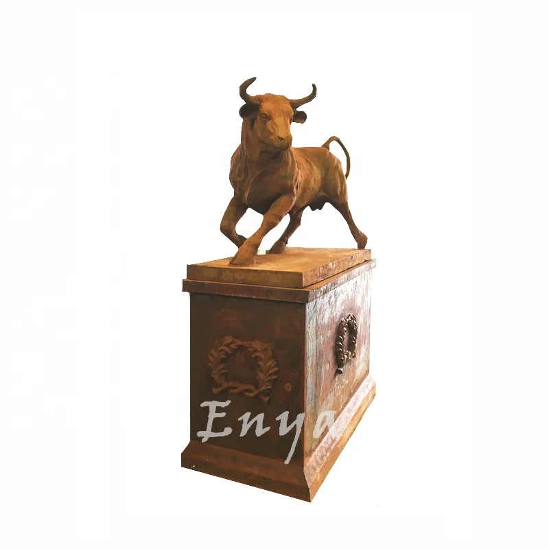 Giant Iron Casting Lifesize Charging Bull Statue Figure on Plinth, Garden Lawn Ornaments Large Animal Sculpture