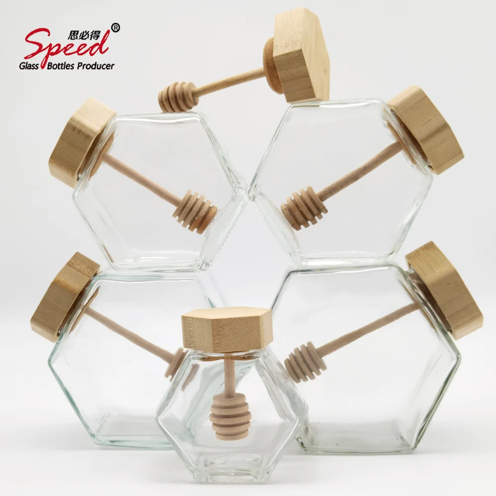 100ml 250ml 430ml Hexagonal Glass Honey Jar with Wooden Lid