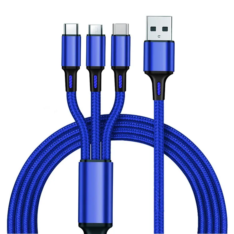Hot sell 3 In 1 Micro USB Type C Charger Cable Multi Usb Port nylon  braid Usb Charging Cable  For Mobile Phone Cables