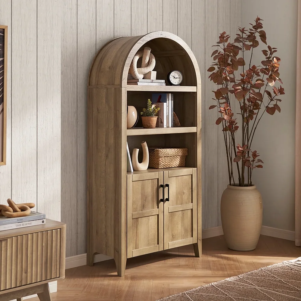 5-Tier Arched Bookcase with Doors and Shelves Living Room Furniture Bookshelf with Storage Cabinet supplier