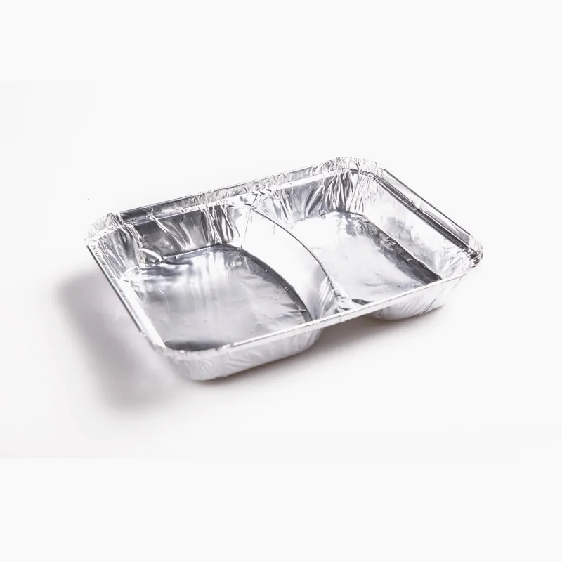 CA95 27OZ. 810ML Kotak Makan Catering Sekali Pakai Persegi Panjang Berkompartemen 2 dari Alumunium Foil, Wadah Loyang yang Dapat Dimasukkan ke Microwave