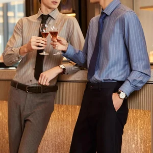 Men's Shirt Wool Blend Casual Long Sleeve Formal Single-Breasted Slim Fit Striped Shirt Business Minimalist Shirt